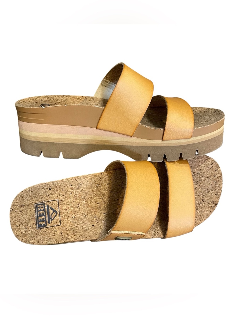 Reef Women's Yellow Tan Cork Platform Slide Sandals
